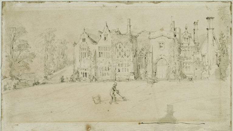 Drawing of Clevedon Court by William Makepeace Thackeray. Pencil on grey wash.